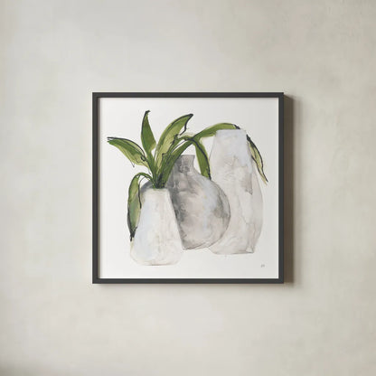 Three Vases II by Chris Paschke. Shown in a sleek black glass frame for a contemporary gallery look. Available as an archival giclee rolled canvas, fine art paper, or poster print. SKU 75146a.