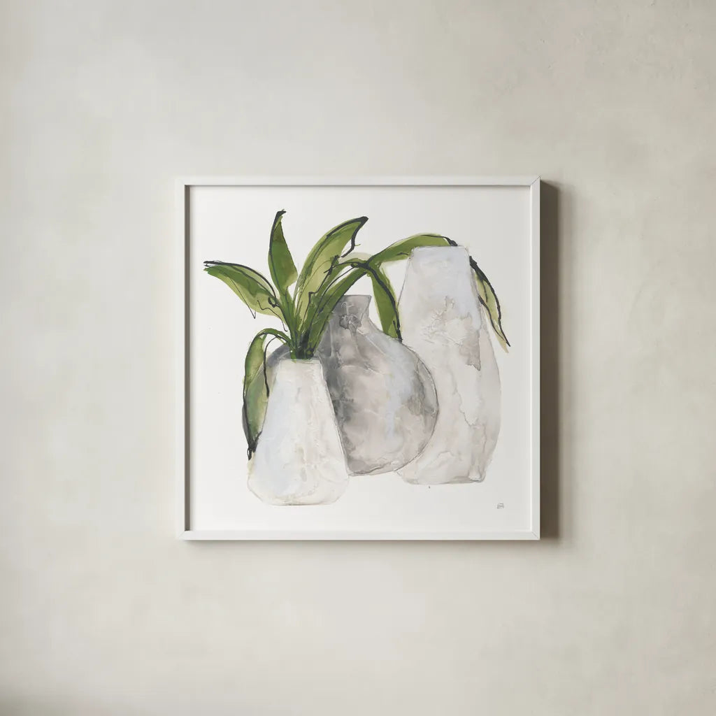 Three Vases II by Chris Paschke. Shown in a crisp white glass frame for a clean and minimalist style. Available as an archival giclee rolled canvas, fine art paper, or poster print. SKU 75146a.