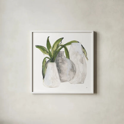 Three Vases II by Chris Paschke. Shown in a crisp white glass frame for a clean and minimalist style. Available as an archival giclee rolled canvas, fine art paper, or poster print. SKU 75146a.