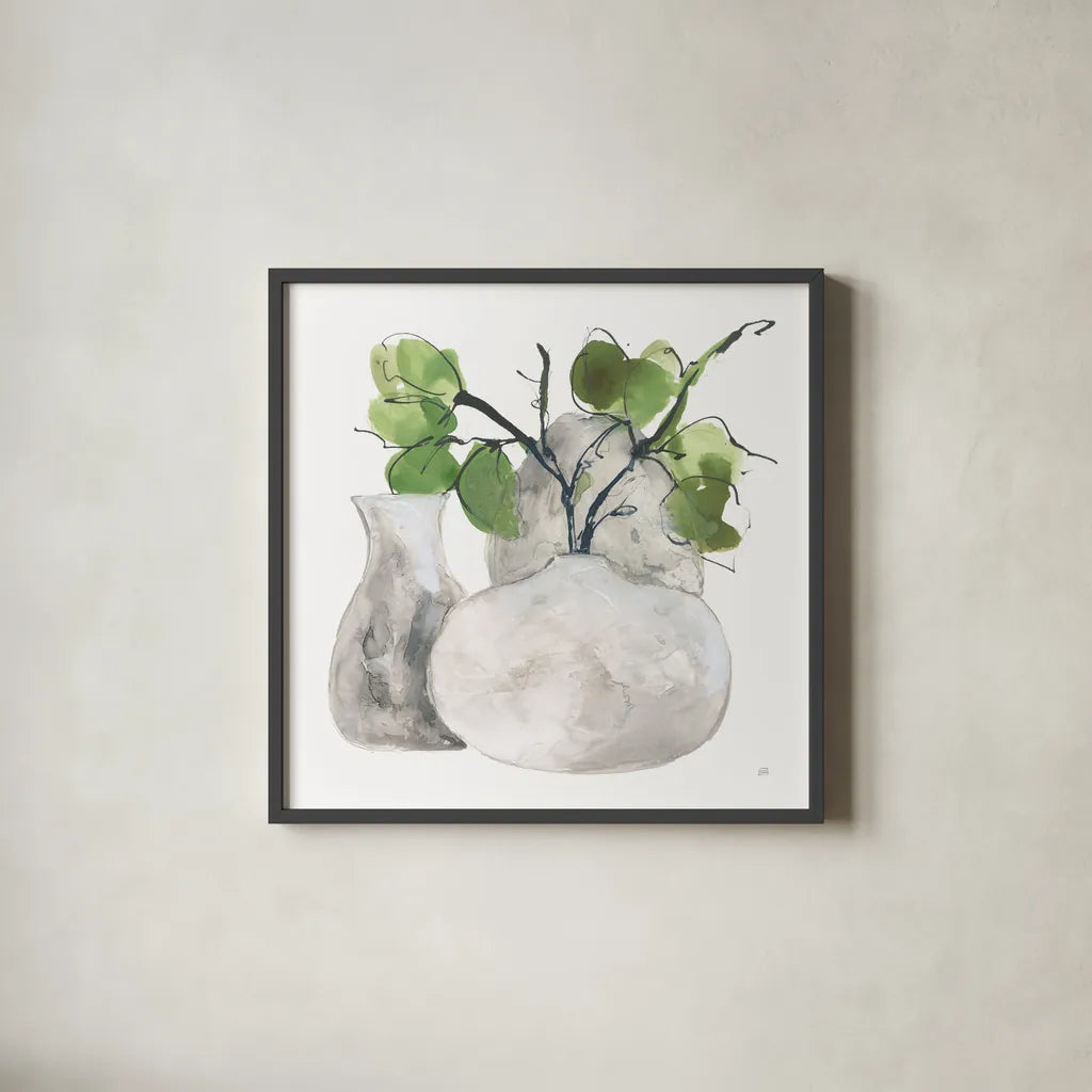 Three Vases III by Chris Paschke. Shown in a sleek black glass frame for a contemporary gallery look. Available as an archival giclee rolled canvas, fine art paper, or poster print. SKU 75147a.