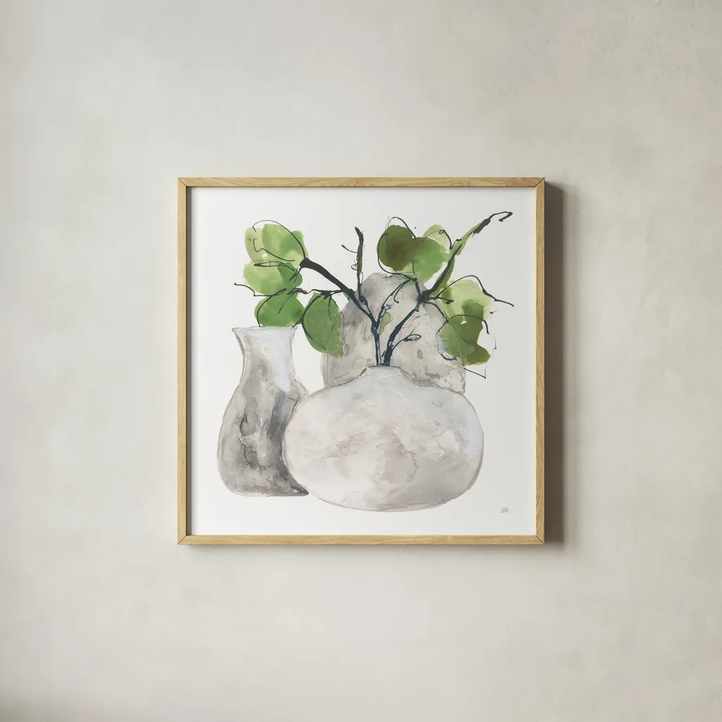 Three Vases III by Chris Paschke. Shown in a natural wood glass frame for a timeless modern aesthetic. Available as an archival giclee rolled canvas, fine art paper, or poster print. SKU 75147a.