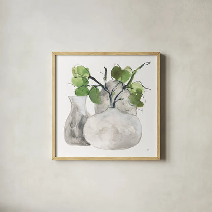 Three Vases III by Chris Paschke. Shown in a natural wood glass frame for a timeless modern aesthetic. Available as an archival giclee rolled canvas, fine art paper, or poster print. SKU 75147a.