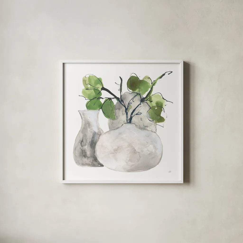 Three Vases III by Chris Paschke. Shown in a crisp white glass frame for a clean and minimalist style. Available as an archival giclee rolled canvas, fine art paper, or poster print. SKU 75147a.
