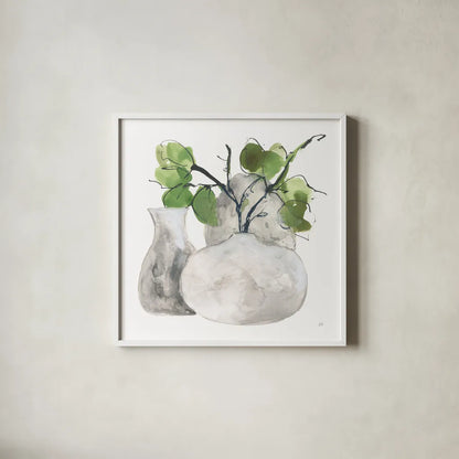 Three Vases III by Chris Paschke. Shown in a crisp white glass frame for a clean and minimalist style. Available as an archival giclee rolled canvas, fine art paper, or poster print. SKU 75147a.