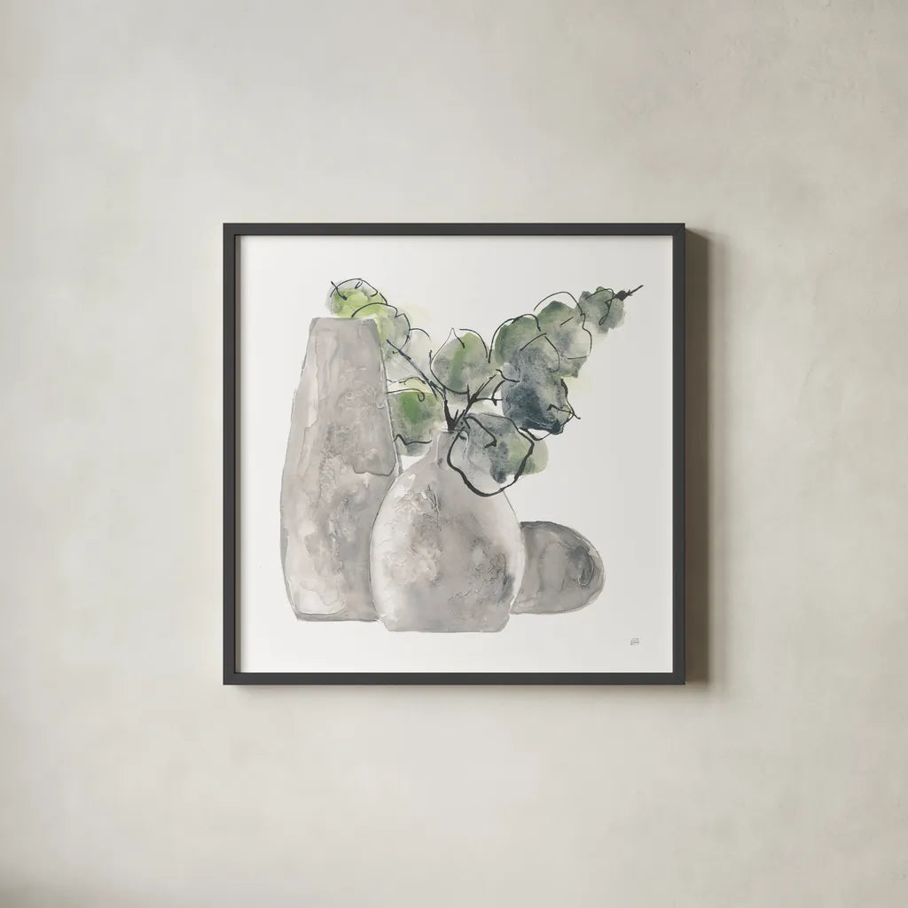 Three Vases IV by Chris Paschke. Shown in a sleek black glass frame for a contemporary gallery look. Available as an archival giclee rolled canvas, fine art paper, or poster print. SKU 75148a.