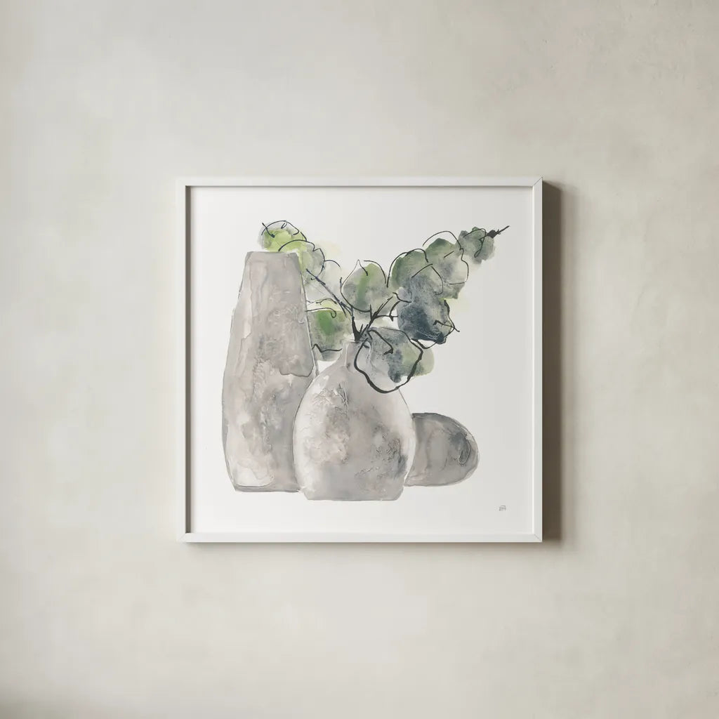 Three Vases IV by Chris Paschke. Shown in a crisp white glass frame for a clean and minimalist style. Available as an archival giclee rolled canvas, fine art paper, or poster print. SKU 75148a.