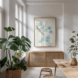 Tinted Branch I by Chris Paschke. shown as a print in a natural wood frame in a dining room. Available as a archival giclee rolled canvas, fine art paper, or poster print. SKU 55071h.