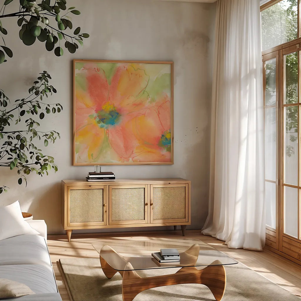 Tinted Cosmos I by Chris Paschke. Shown in a natural wood frame in a cozy modern living room. Available as an archival giclee rolled canvas, fine art paper, or poster print. SKU 50255a.