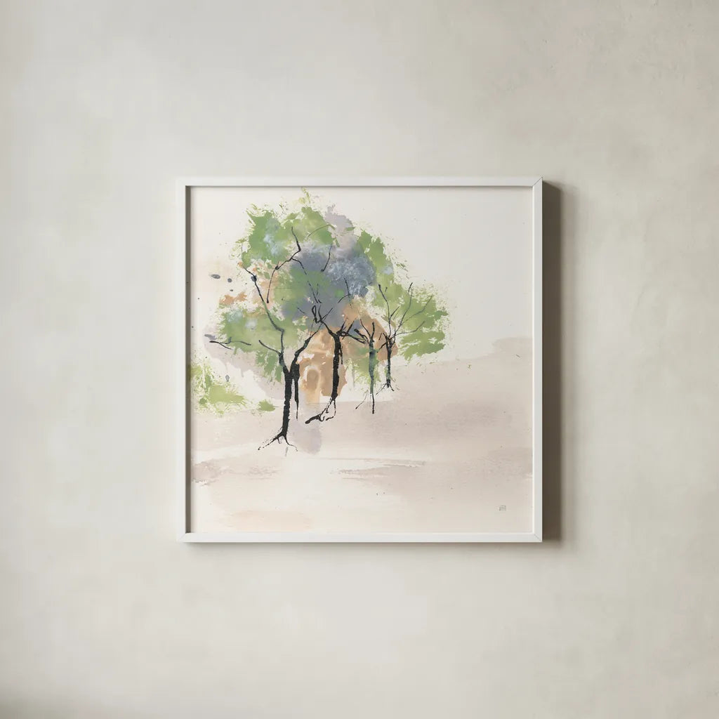 Tinted Treescape I by Chris Paschke. Shown in a crisp white glass frame for a clean and minimalist style. Available as an archival giclee rolled canvas, fine art paper, or poster print. SKU 89505a.