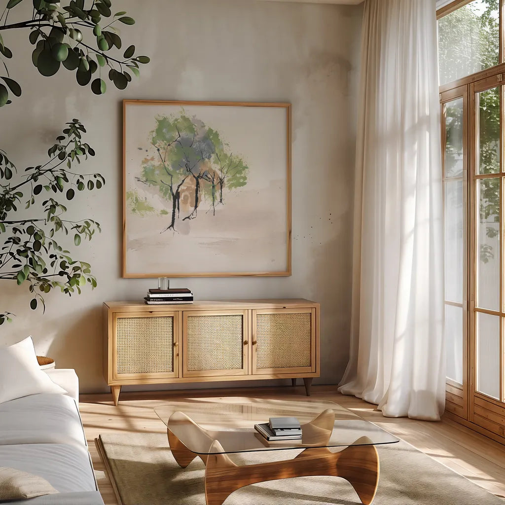 Tinted Treescape I by Chris Paschke. Shown in a natural wood frame in a cozy modern living room. Available as an archival giclee rolled canvas, fine art paper, or poster print. SKU 89505a.