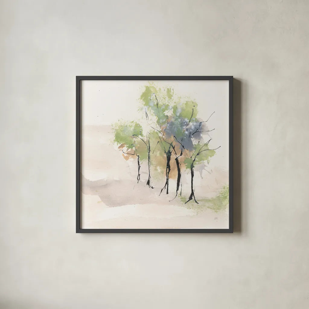 Tinted Treescape II by Chris Paschke. Shown in a sleek black glass frame for a contemporary gallery look. Available as an archival giclee rolled canvas, fine art paper, or poster print. SKU 89506a.