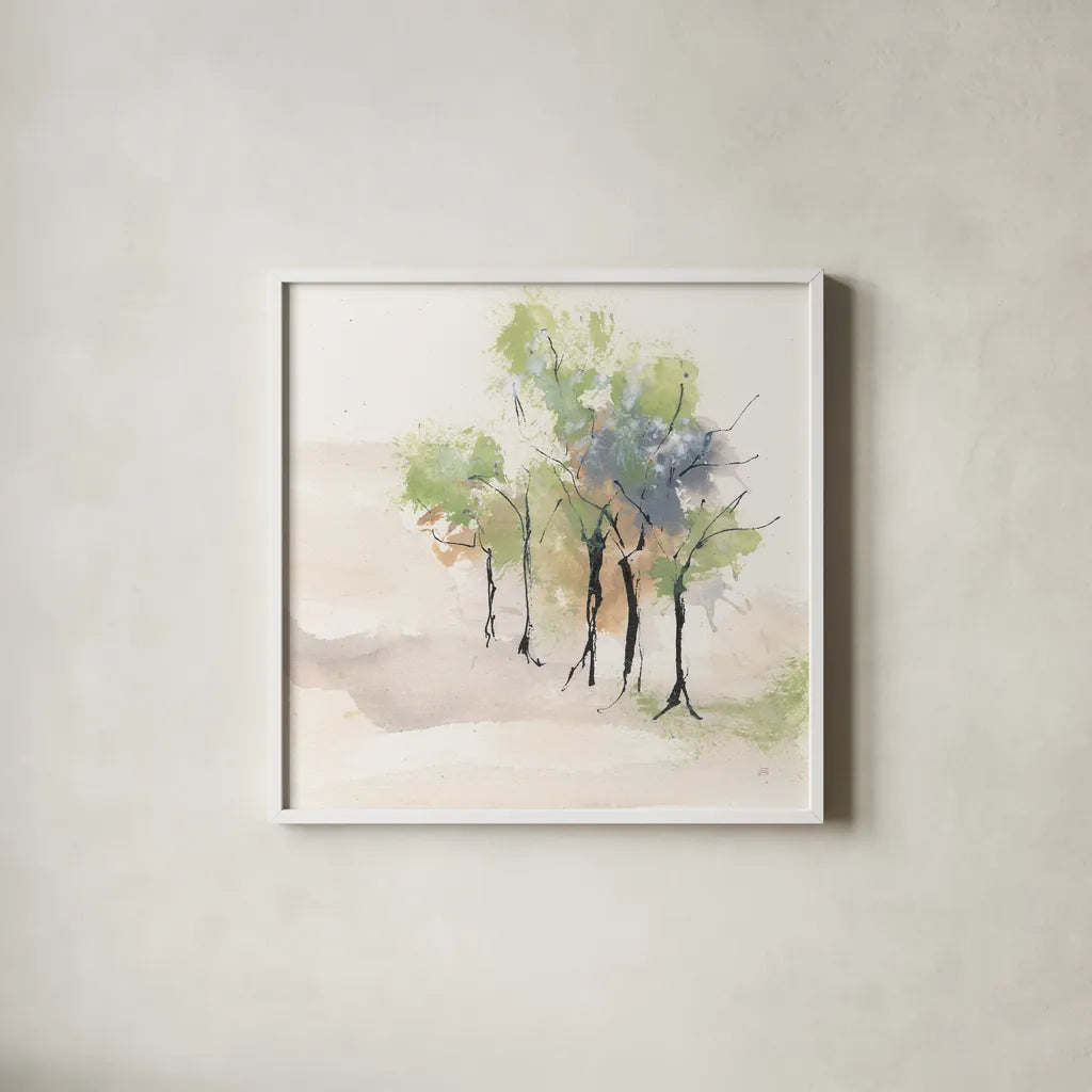 Tinted Treescape II by Chris Paschke. Shown in a crisp white glass frame for a clean and minimalist style. Available as an archival giclee rolled canvas, fine art paper, or poster print. SKU 89506a.