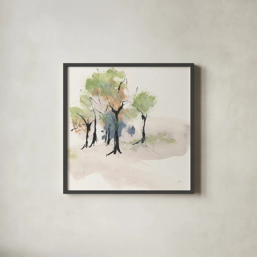 Tinted Treescape IV by Chris Paschke. Shown in a sleek black glass frame for a contemporary gallery look. Available as an archival giclee rolled canvas, fine art paper, or poster print. SKU 89508a.