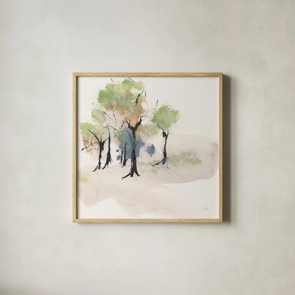 Tinted Treescape IV by Chris Paschke. Shown in a natural wood glass frame for a timeless modern aesthetic. Available as an archival giclee rolled canvas, fine art paper, or poster print. SKU 89508a.