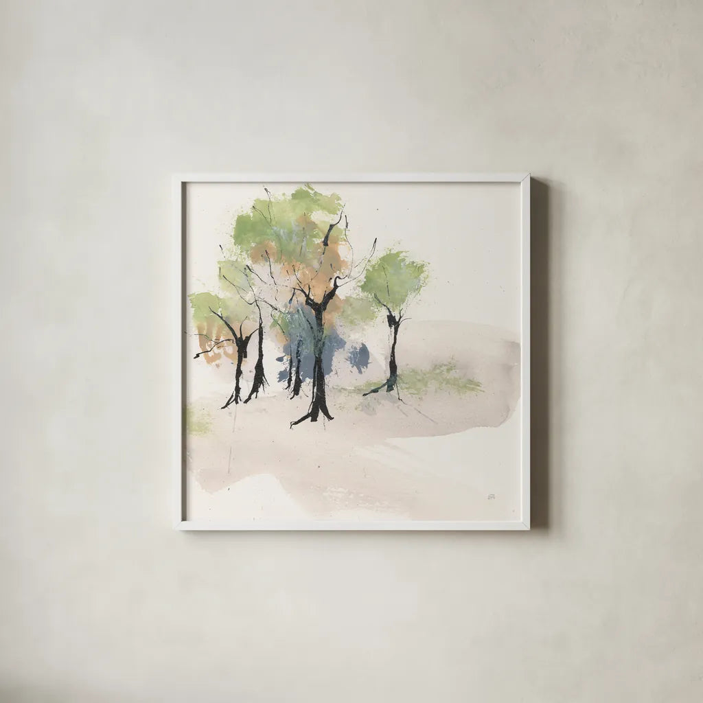 Tinted Treescape IV by Chris Paschke. Shown in a crisp white glass frame for a clean and minimalist style. Available as an archival giclee rolled canvas, fine art paper, or poster print. SKU 89508a.