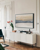 Tonal Blue Gray IV Crop by Chris Paschke. shown as a framed stretched canvas in a living room above a console. Available as a archival giclee rolled canvas, fine art paper, or poster print. SKU 74351i.