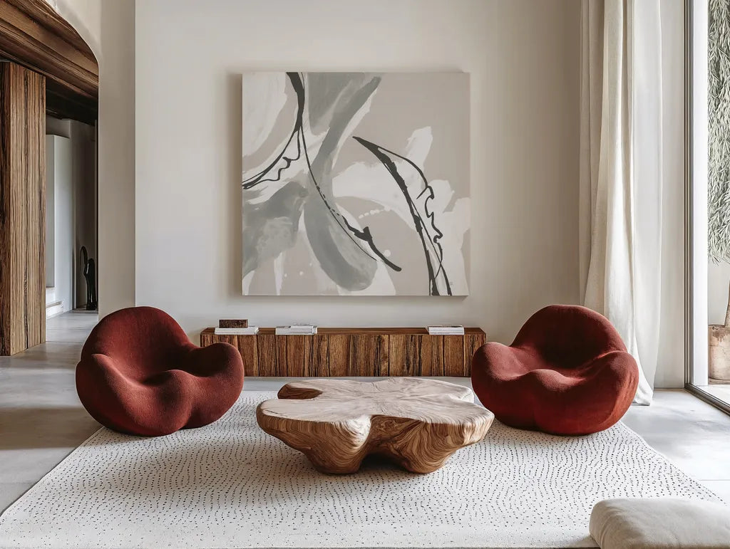 Touch of Gray VI by Chris Paschke. Shown as extra-large giant wall art in a modern living room. Available as an archival giclee rolled canvas, fine art paper, or poster print. SKU 75160a.