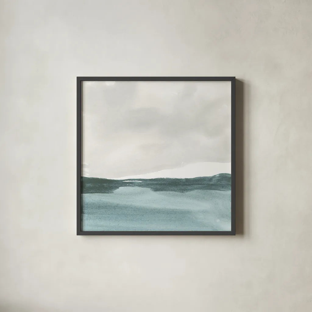 Tranquil Silver Sea I by Chris Paschke. Shown in a sleek black glass frame for a contemporary gallery look. Available as an archival giclee rolled canvas, fine art paper, or poster print. SKU 85288a.