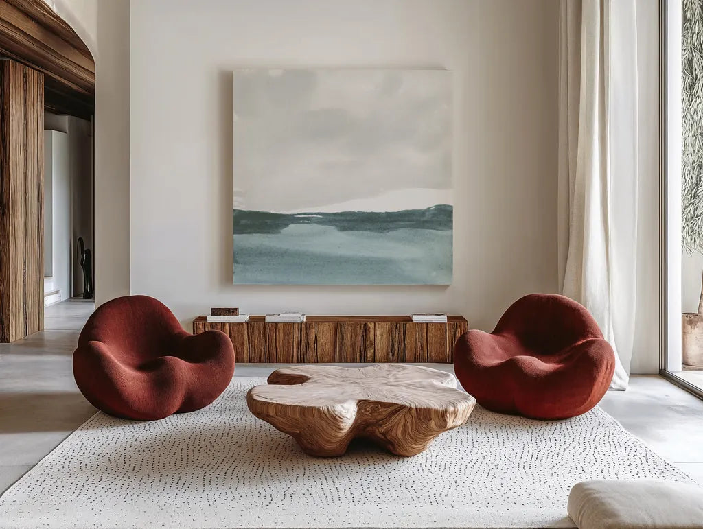 Tranquil Silver Sea I by Chris Paschke. Shown as extra-large giant wall art in a modern living room. Available as an archival giclee rolled canvas, fine art paper, or poster print. SKU 85288a.