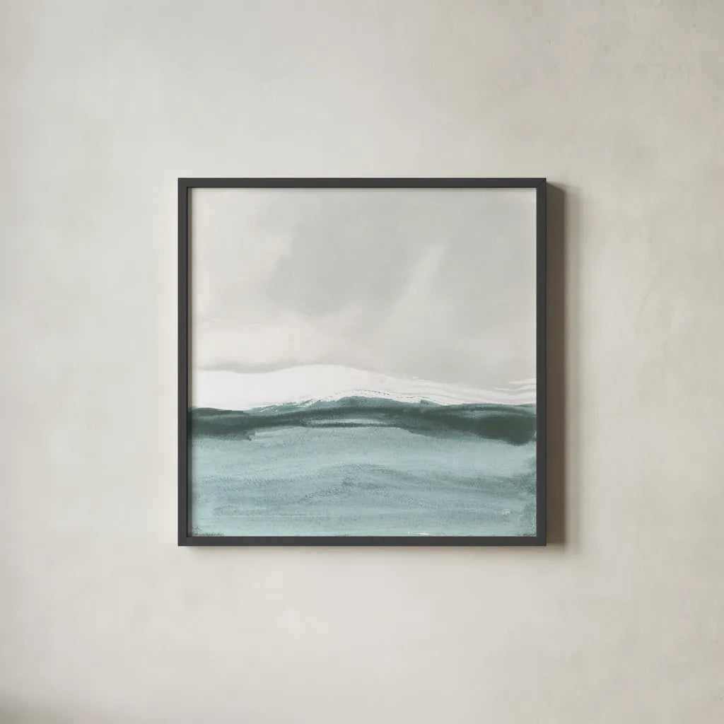 Tranquil Silver Sea II by Chris Paschke. Shown in a sleek black glass frame for a contemporary gallery look. Available as an archival giclee rolled canvas, fine art paper, or poster print. SKU 85289a.