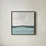 Tranquil Silver Sea II by Chris Paschke. Shown in a sleek black glass frame for a contemporary gallery look. Available as an archival giclee rolled canvas, fine art paper, or poster print. SKU 85289a.