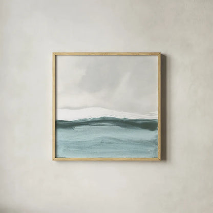 Tranquil Silver Sea II by Chris Paschke. Shown in a natural wood glass frame for a timeless modern aesthetic. Available as an archival giclee rolled canvas, fine art paper, or poster print. SKU 85289a.