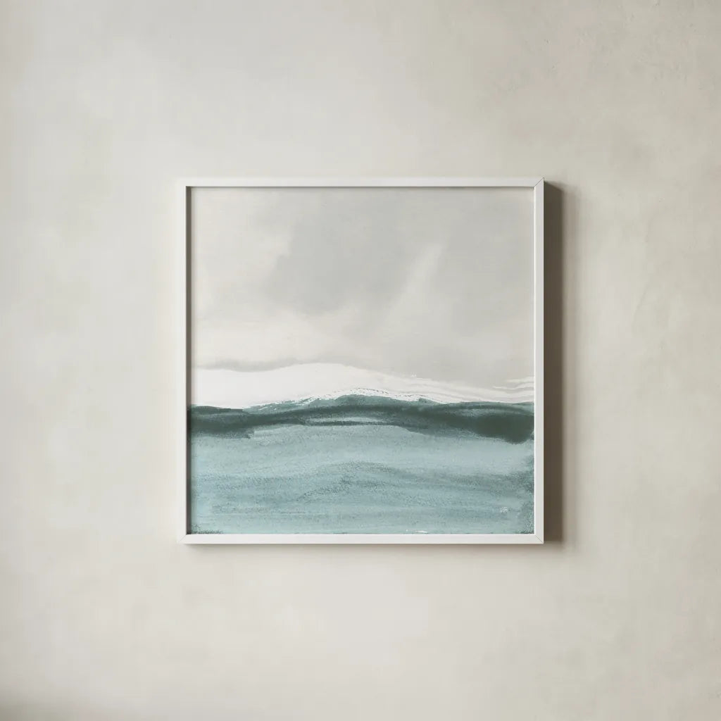 Tranquil Silver Sea II by Chris Paschke. Shown in a crisp white glass frame for a clean and minimalist style. Available as an archival giclee rolled canvas, fine art paper, or poster print. SKU 85289a.