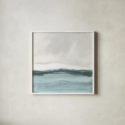 Tranquil Silver Sea II by Chris Paschke. Shown in a crisp white glass frame for a clean and minimalist style. Available as an archival giclee rolled canvas, fine art paper, or poster print. SKU 85289a.