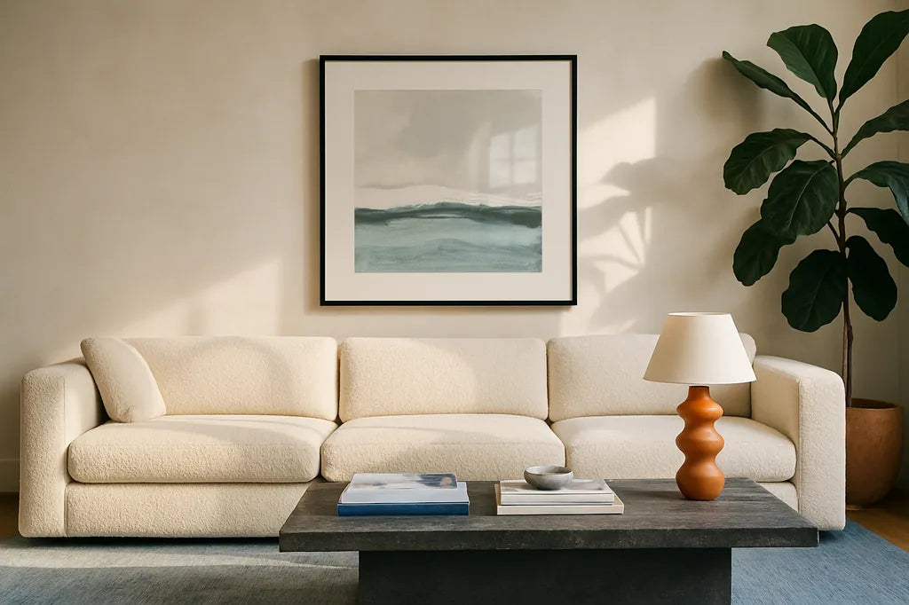 Tranquil Silver Sea II by Chris Paschke. Displayed in a glass frame with matte in a clean modern living room. Available as an archival giclee rolled canvas, fine art paper, or poster print. SKU 85289a.