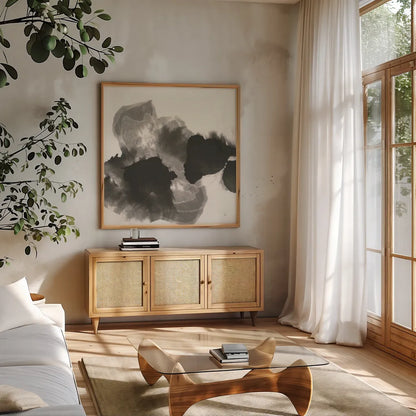 Transitions I by Chris Paschke. Shown in a natural wood frame in a cozy modern living room. Available as an archival giclee rolled canvas, fine art paper, or poster print. SKU 74737a.