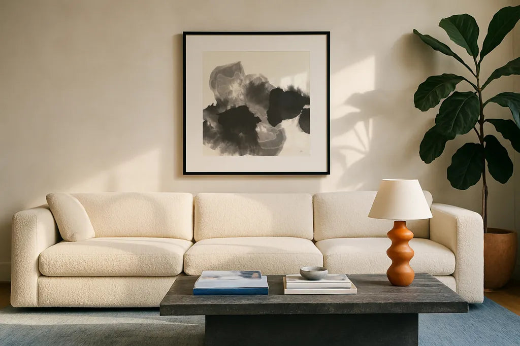 Transitions I by Chris Paschke. Displayed in a glass frame with matte in a clean modern living room. Available as an archival giclee rolled canvas, fine art paper, or poster print. SKU 74737a.