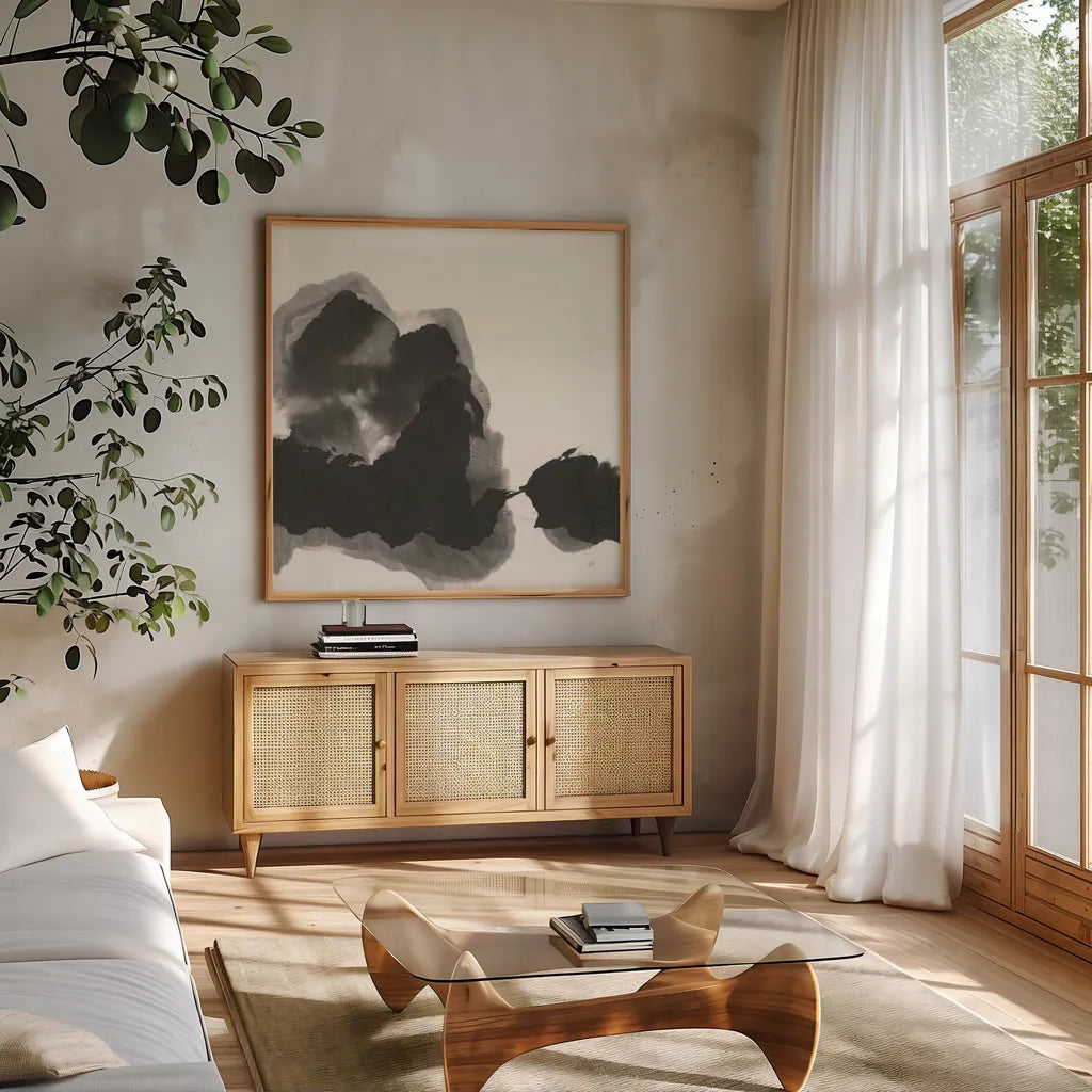 Transitions II by Chris Paschke. Shown in a natural wood frame in a cozy modern living room. Available as an archival giclee rolled canvas, fine art paper, or poster print. SKU 74738a.