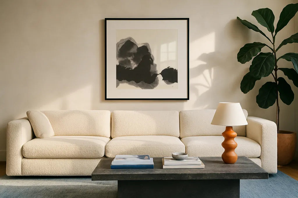 Transitions II by Chris Paschke. Displayed in a glass frame with matte in a clean modern living room. Available as an archival giclee rolled canvas, fine art paper, or poster print. SKU 74738a.