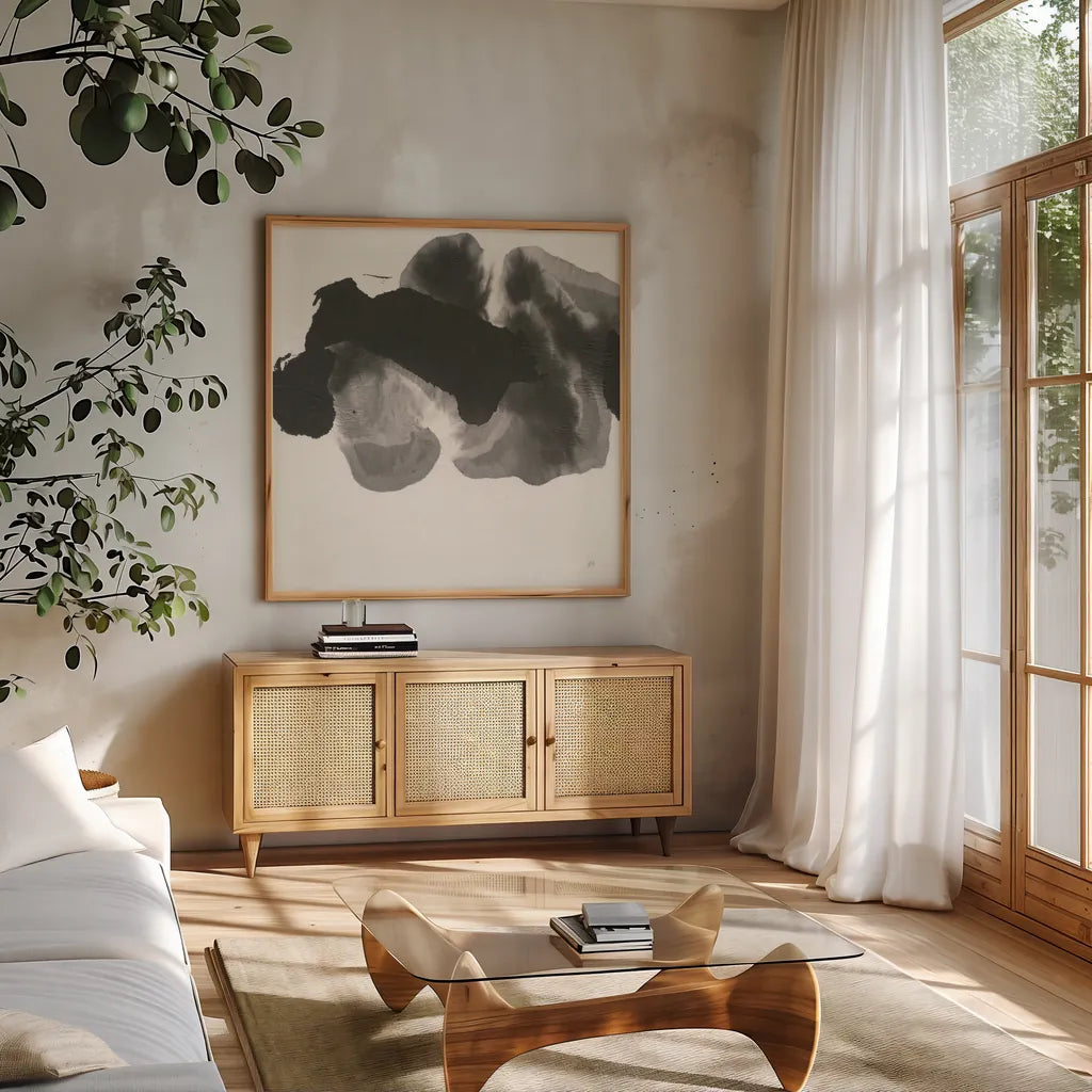 Transitions III by Chris Paschke. Shown in a natural wood frame in a cozy modern living room. Available as an archival giclee rolled canvas, fine art paper, or poster print. SKU 74739a.