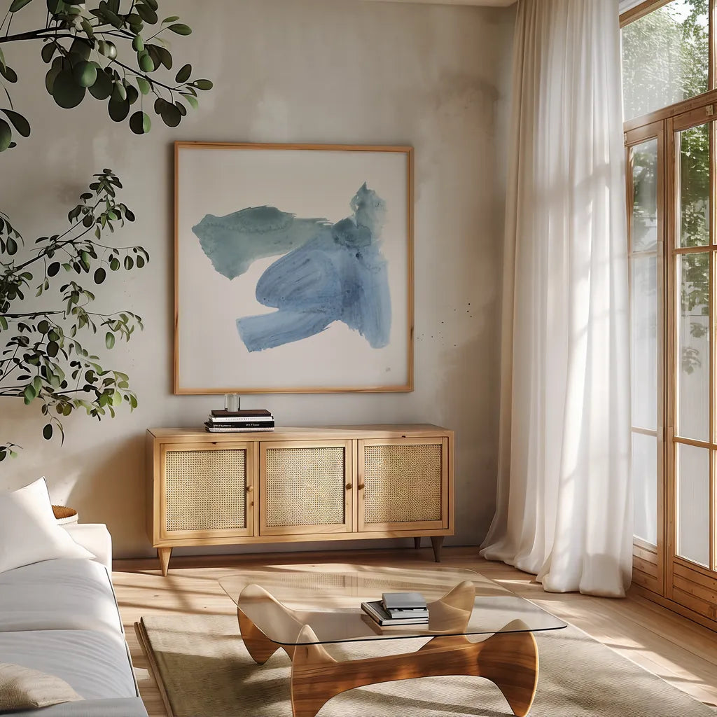 Transitions IV by Chris Paschke. Shown in a natural wood frame in a cozy modern living room. Available as an archival giclee rolled canvas, fine art paper, or poster print. SKU 82261a.