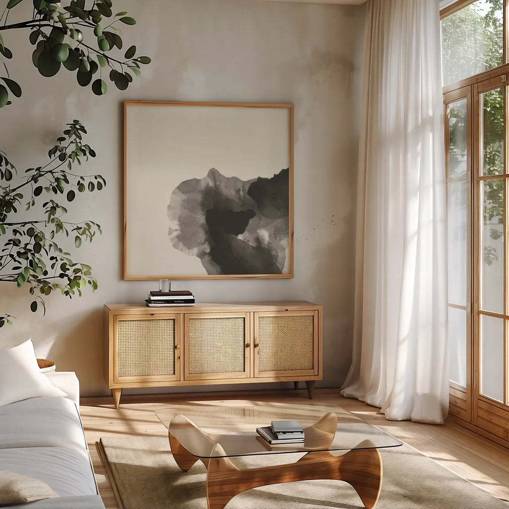 Transitions V by Chris Paschke. Shown in a natural wood frame in a cozy modern living room. Available as an archival giclee rolled canvas, fine art paper, or poster print. SKU 74741a.