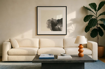 Transitions V by Chris Paschke. Displayed in a glass frame with matte in a clean modern living room. Available as an archival giclee rolled canvas, fine art paper, or poster print. SKU 74741a.