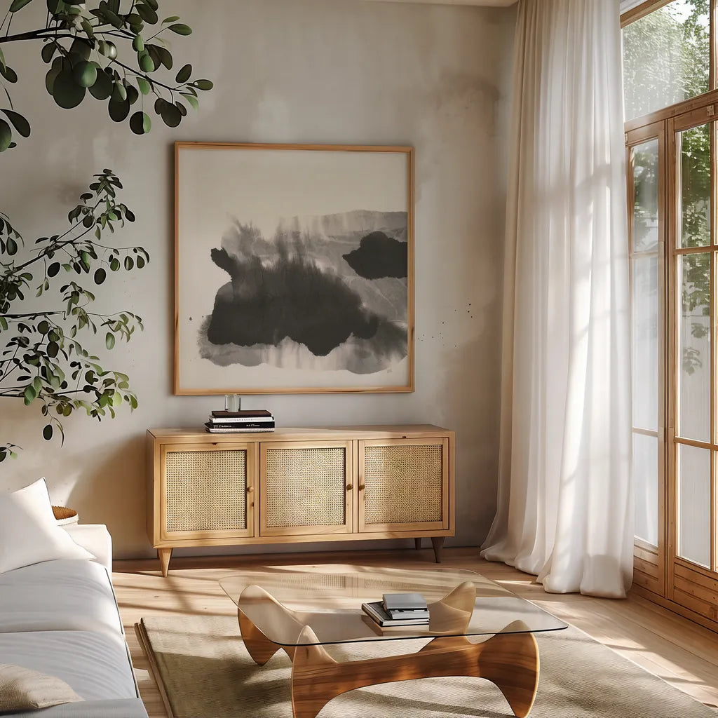 Transitions VIII by Chris Paschke. Shown in a natural wood frame in a cozy modern living room. Available as an archival giclee rolled canvas, fine art paper, or poster print. SKU 74744a.