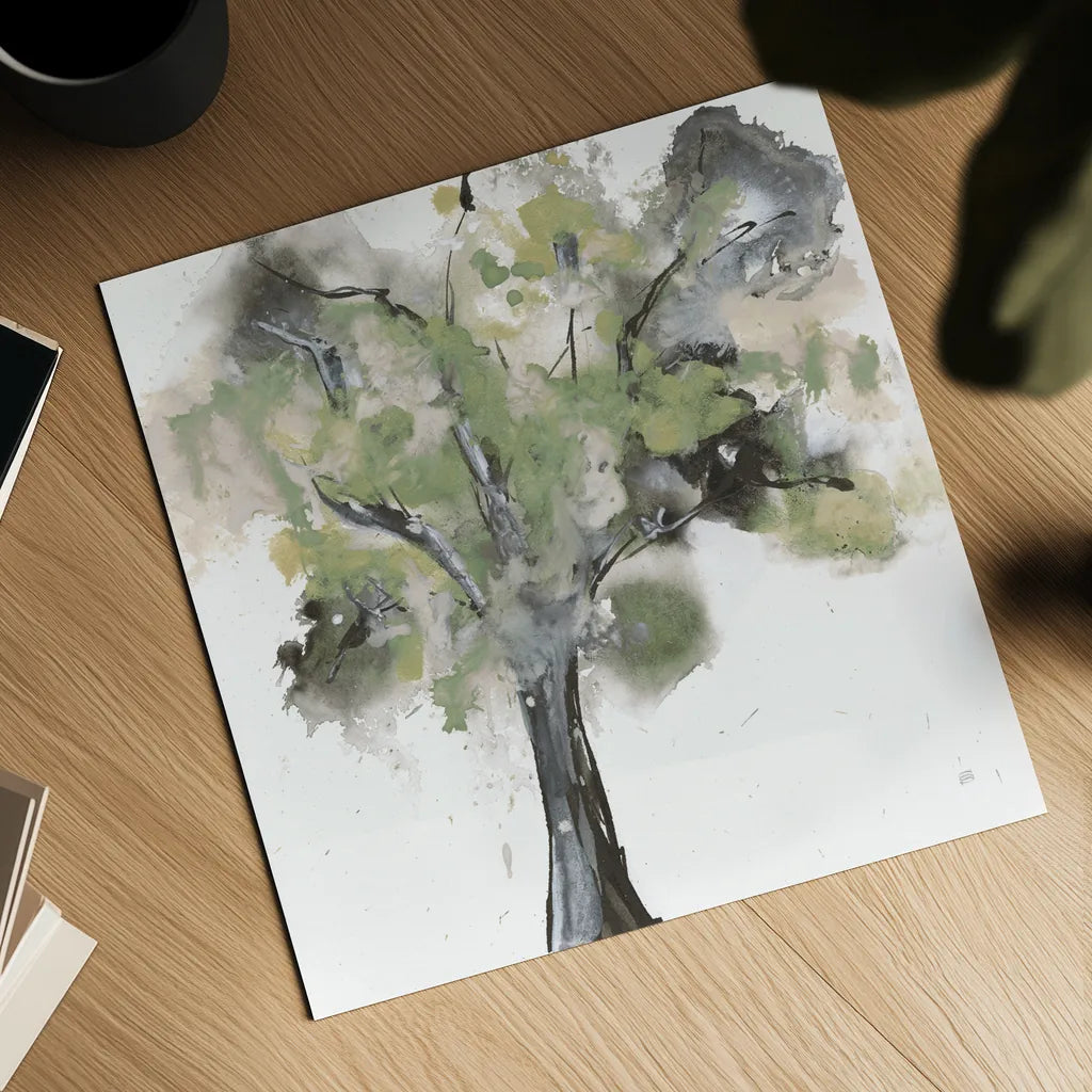 Treetops I Sage by Chris Paschke. Shown as a detailed flat fine art print, highlighting archival giclee quality. Available as an archival giclee rolled canvas, fine art paper, or poster print. SKU 88710a.