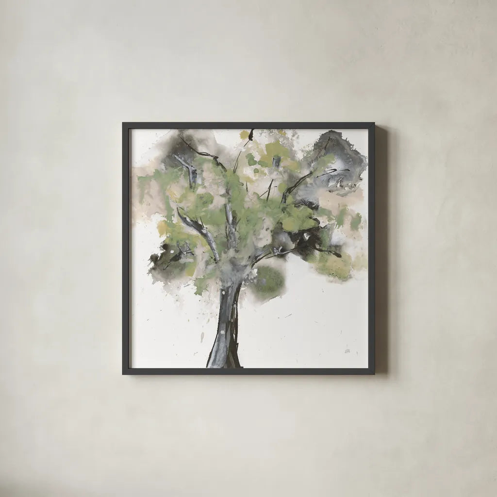Treetops I Sage by Chris Paschke. Shown in a sleek black glass frame for a contemporary gallery look. Available as an archival giclee rolled canvas, fine art paper, or poster print. SKU 88710a.