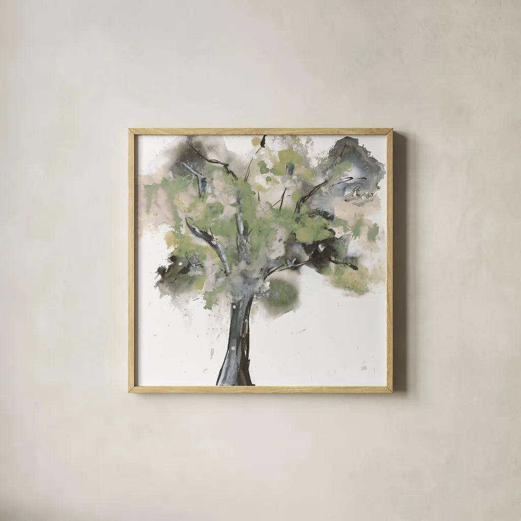 Treetops I Sage by Chris Paschke. Shown in a natural wood glass frame for a timeless modern aesthetic. Available as an archival giclee rolled canvas, fine art paper, or poster print. SKU 88710a.