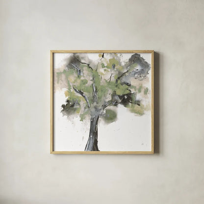 Treetops I Sage by Chris Paschke. Shown in a natural wood glass frame for a timeless modern aesthetic. Available as an archival giclee rolled canvas, fine art paper, or poster print. SKU 88710a.