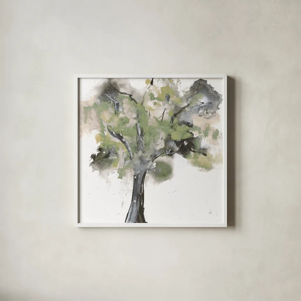 Treetops I Sage by Chris Paschke. Shown in a crisp white glass frame for a clean and minimalist style. Available as an archival giclee rolled canvas, fine art paper, or poster print. SKU 88710a.