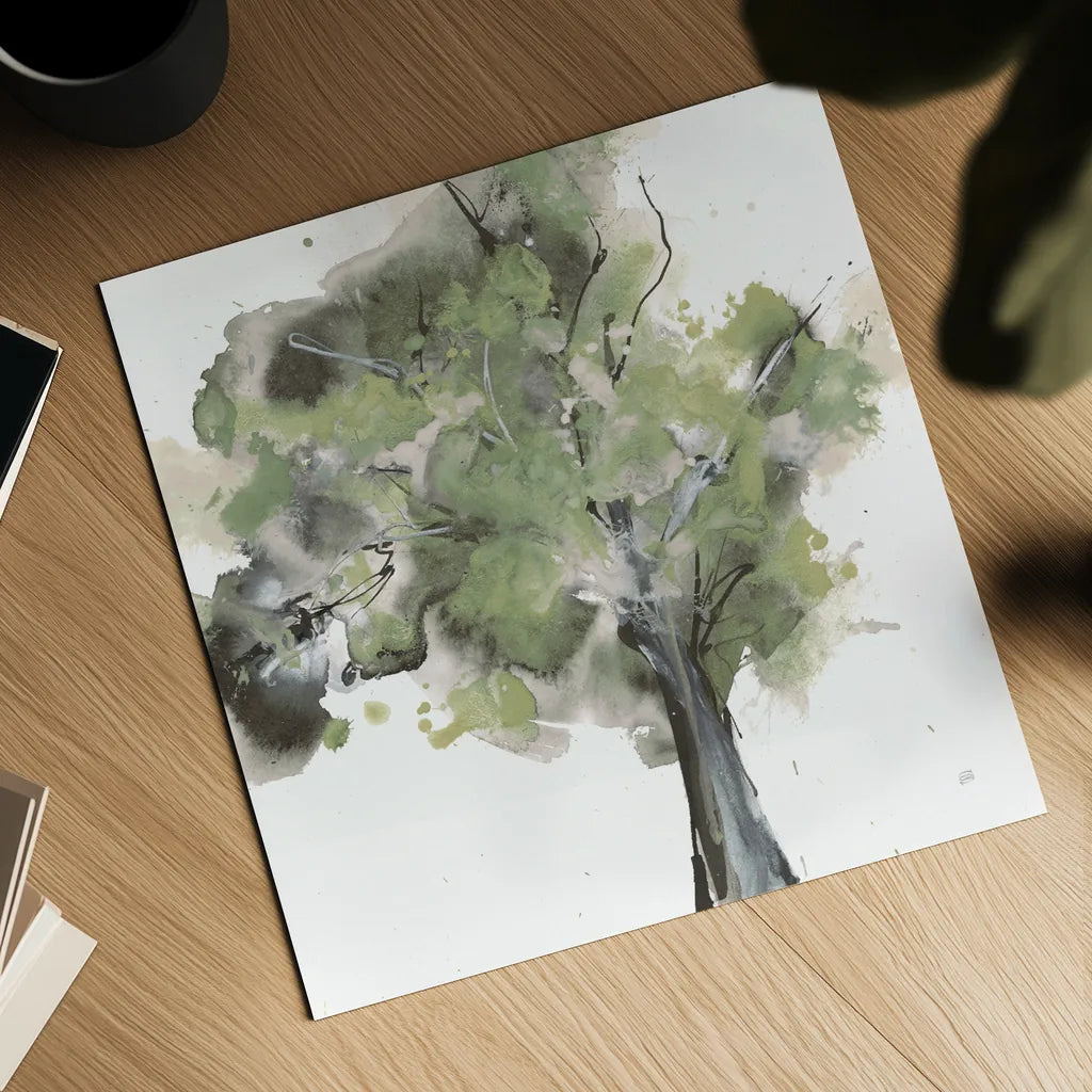 Treetops II Sage by Chris Paschke. Shown as a detailed flat fine art print, highlighting archival giclee quality. Available as an archival giclee rolled canvas, fine art paper, or poster print. SKU 88711a.