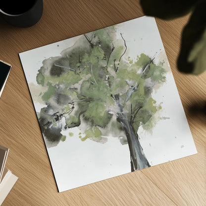 Treetops II Sage by Chris Paschke. Shown as a detailed flat fine art print, highlighting archival giclee quality. Available as an archival giclee rolled canvas, fine art paper, or poster print. SKU 88711a.