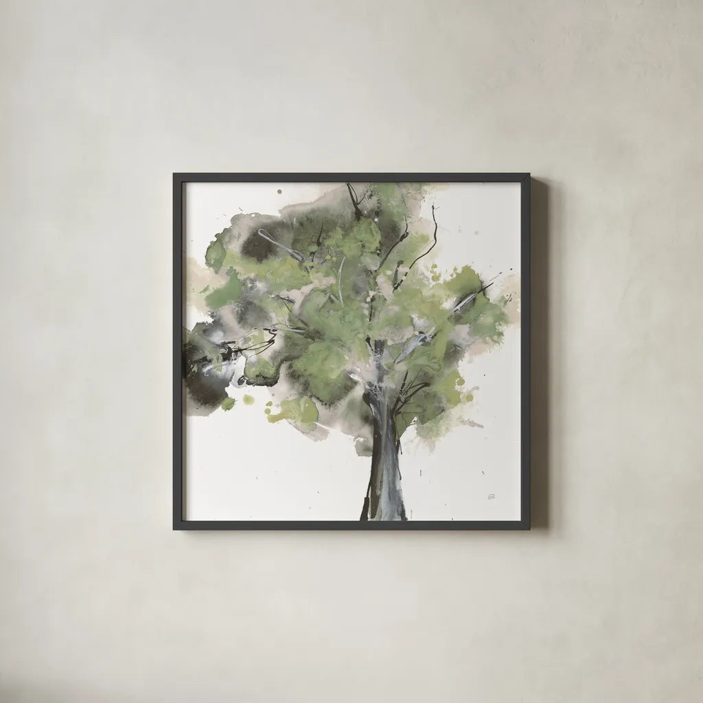 Treetops II Sage by Chris Paschke. Shown in a sleek black glass frame for a contemporary gallery look. Available as an archival giclee rolled canvas, fine art paper, or poster print. SKU 88711a.