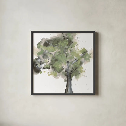 Treetops II Sage by Chris Paschke. Shown in a sleek black glass frame for a contemporary gallery look. Available as an archival giclee rolled canvas, fine art paper, or poster print. SKU 88711a.