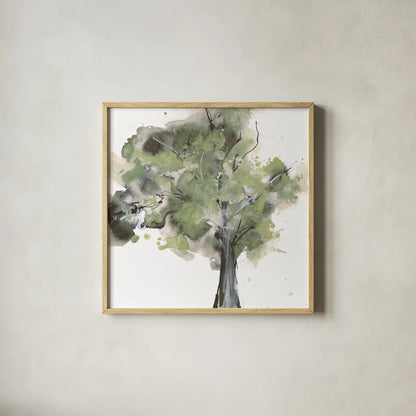 Treetops II Sage by Chris Paschke. Shown in a natural wood glass frame for a timeless modern aesthetic. Available as an archival giclee rolled canvas, fine art paper, or poster print. SKU 88711a.