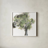 Treetops II Sage by Chris Paschke. Shown in a crisp white glass frame for a clean and minimalist style. Available as an archival giclee rolled canvas, fine art paper, or poster print. SKU 88711a.