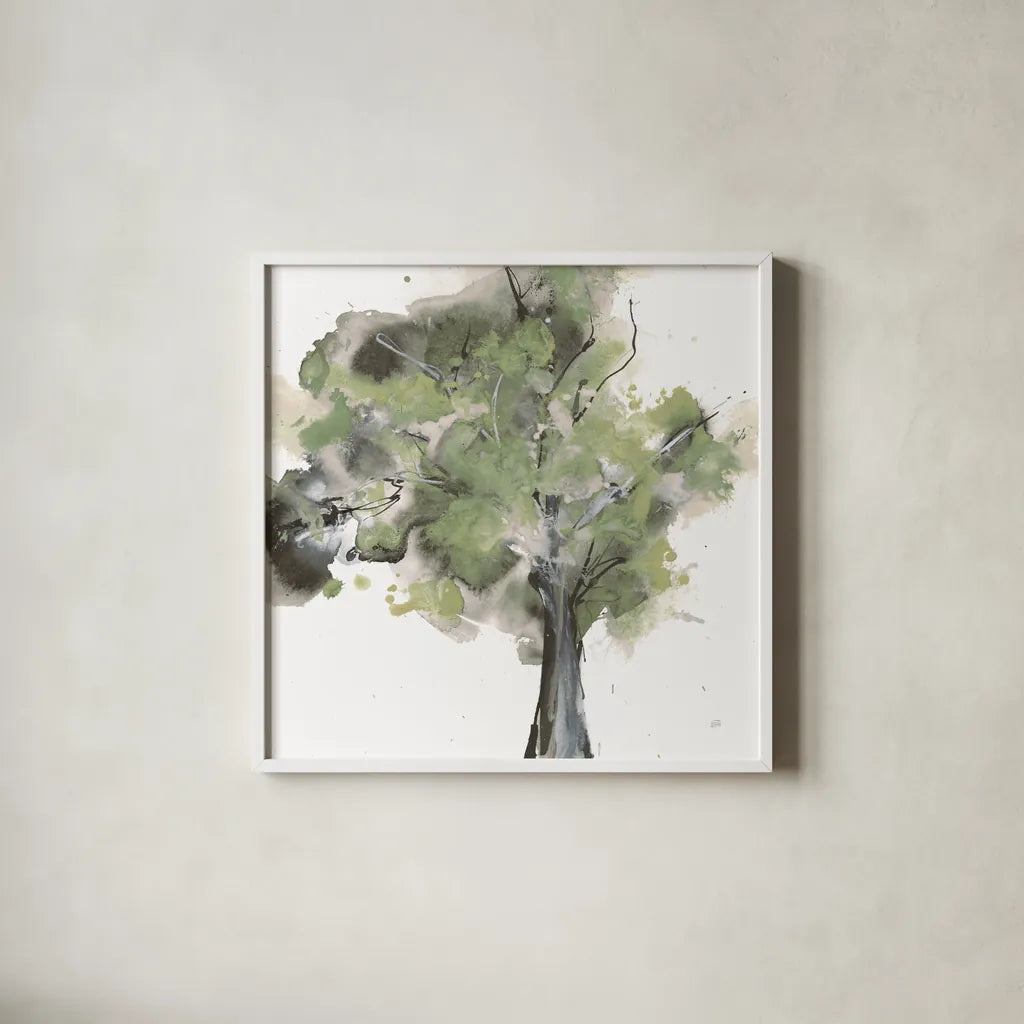 Treetops II Sage by Chris Paschke. Shown in a crisp white glass frame for a clean and minimalist style. Available as an archival giclee rolled canvas, fine art paper, or poster print. SKU 88711a.